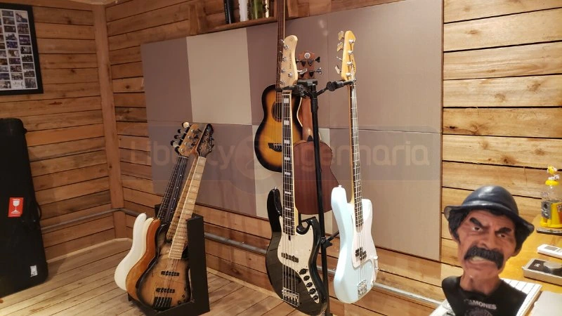 Diversas guitarras em pedestal em estúdio revestido com painel neofix em parede de madeira